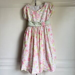 Hartstrings Vintage Classic Floral‎ Dress Party Tea Dress Green Sash Rose Size 5